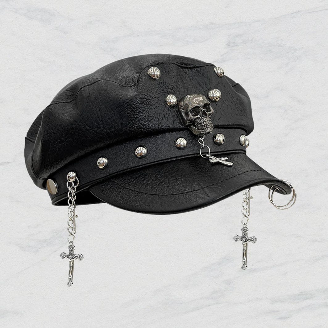 Kobine Women's Punk Skull Rivet Chained Cross Hat