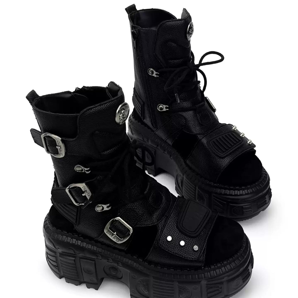 Kobine Women's Punk Studded Buckle Strap Cutout Open-Toe Platform Chunky Sole Sandal Boots