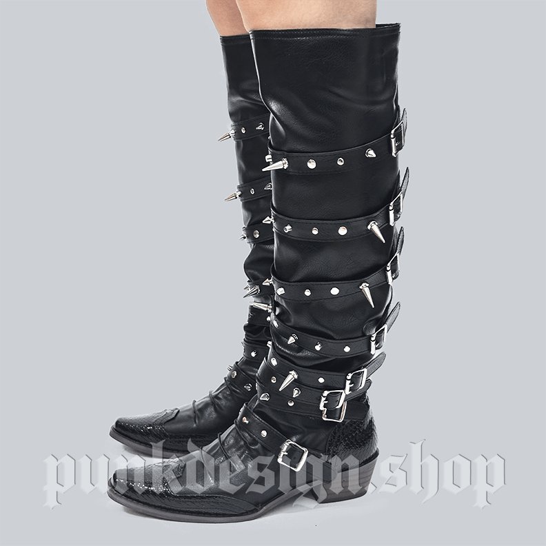 Kobine Women's Punk Studded Buckle-up Strap Knee-High Boots