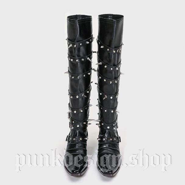 Kobine Women's Punk Studded Buckle-up Strap Knee-High Boots