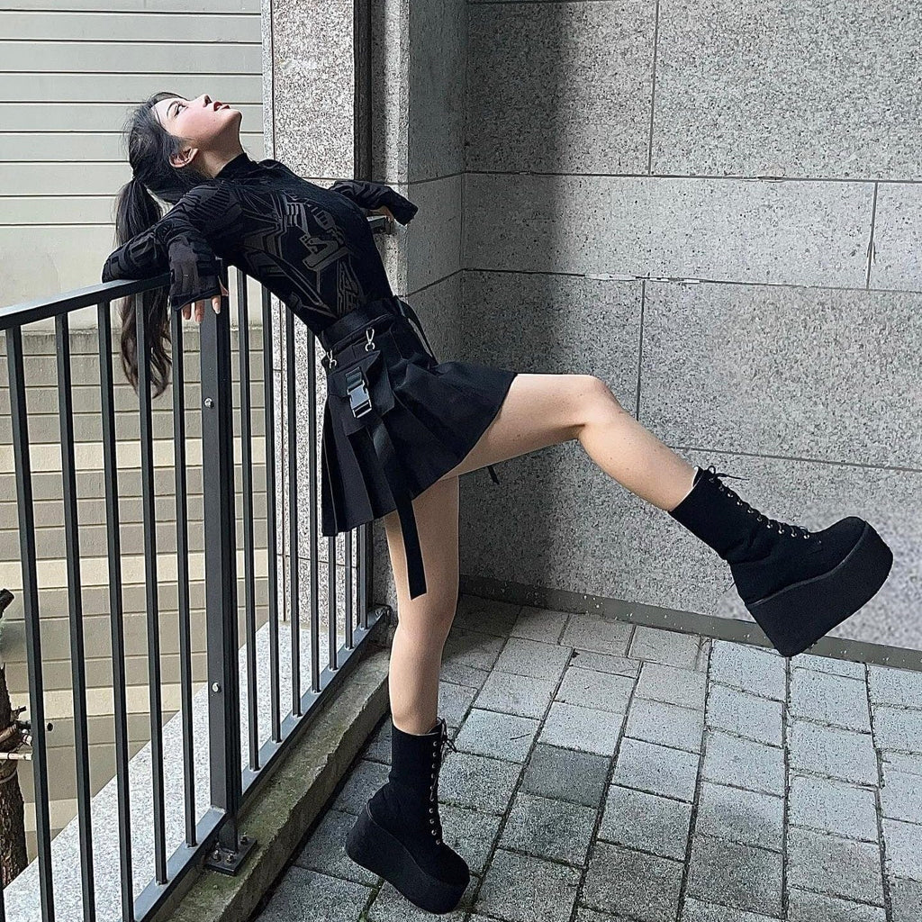 Kobine Women's Punk Suede Lace-up Platform Boots