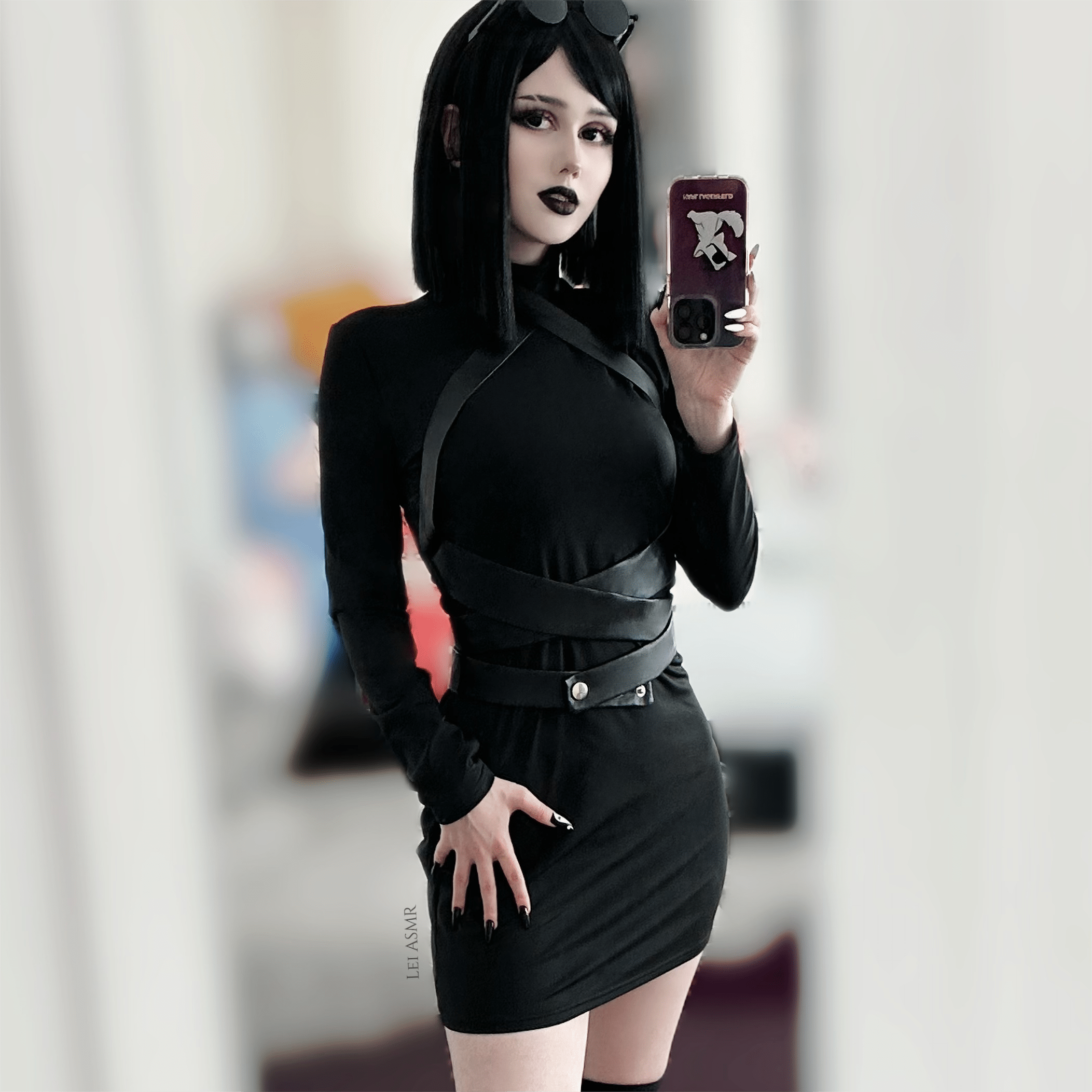 Kobine Women's Punk Turtleneck Faux Leather Strap Splice Dress