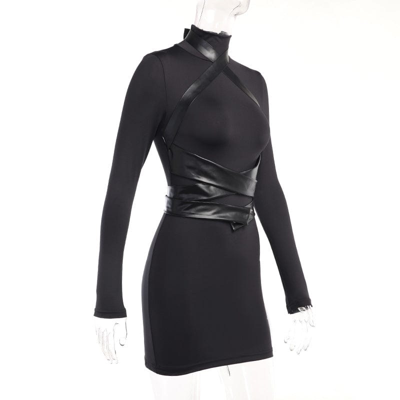 Kobine Women's Punk Turtleneck Faux Leather Strap Splice Dress