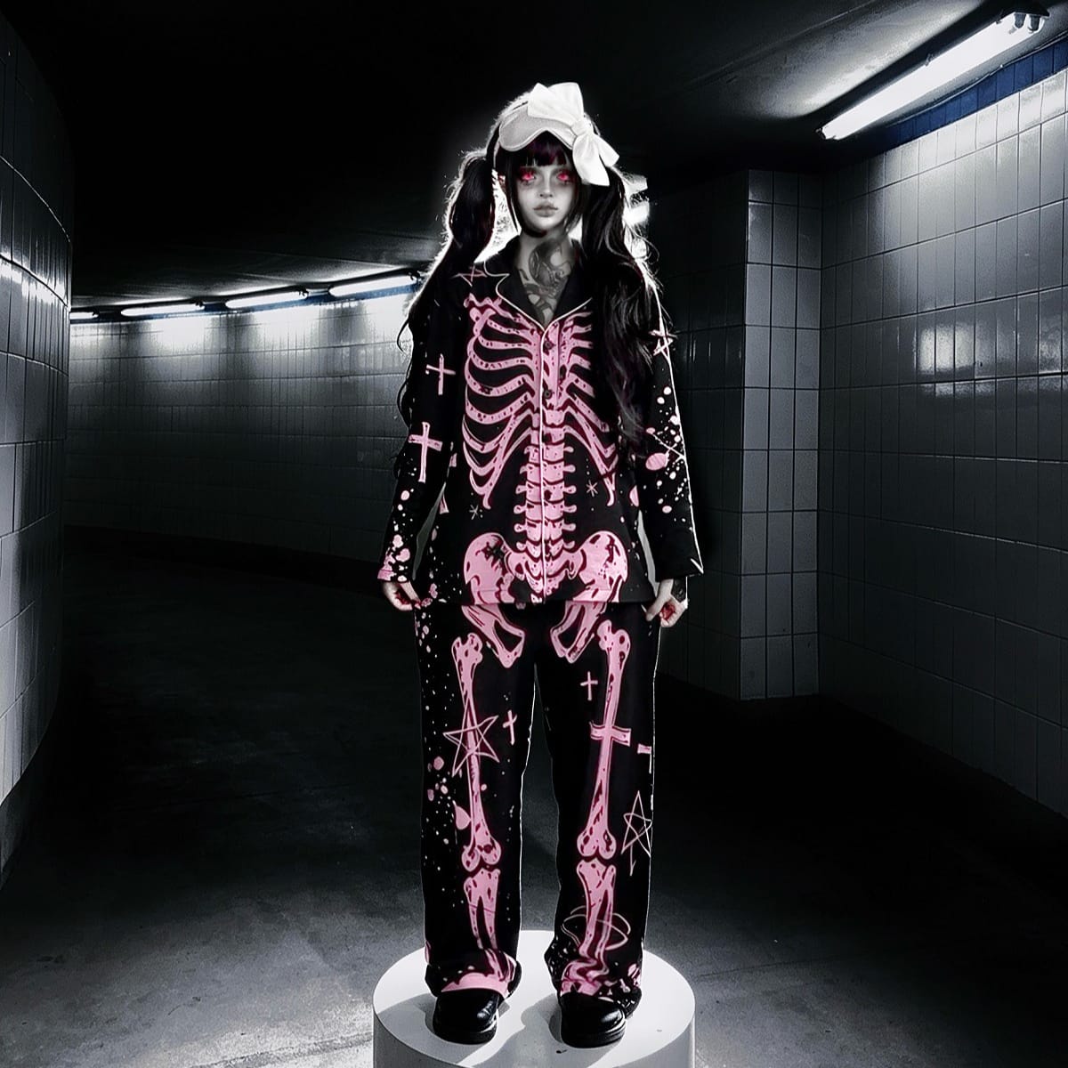 Nothing Here Women's Gothic Skeleton X-Ray Pajama Set 2 Pieces Loungewear