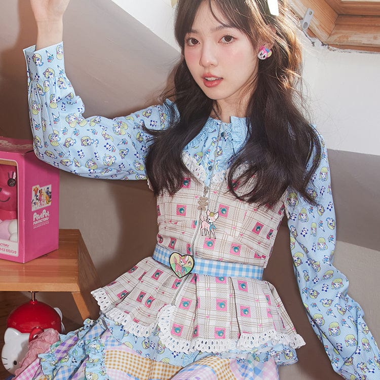 Pink Kawaii Women's Pink Kawaii Bear Embroidered Plaid Zipper Tank Top