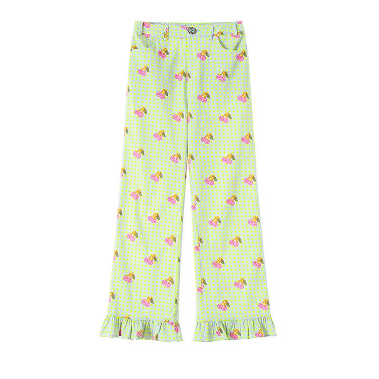 Pink Kawaii Women's Pink Kawaii Cherry Printed Ruffled Plaid Pants