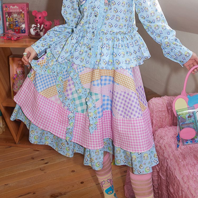 Pink Kawaii Women's Pink Kawaii Colorful Plaid Frill Splice Layered Skirt