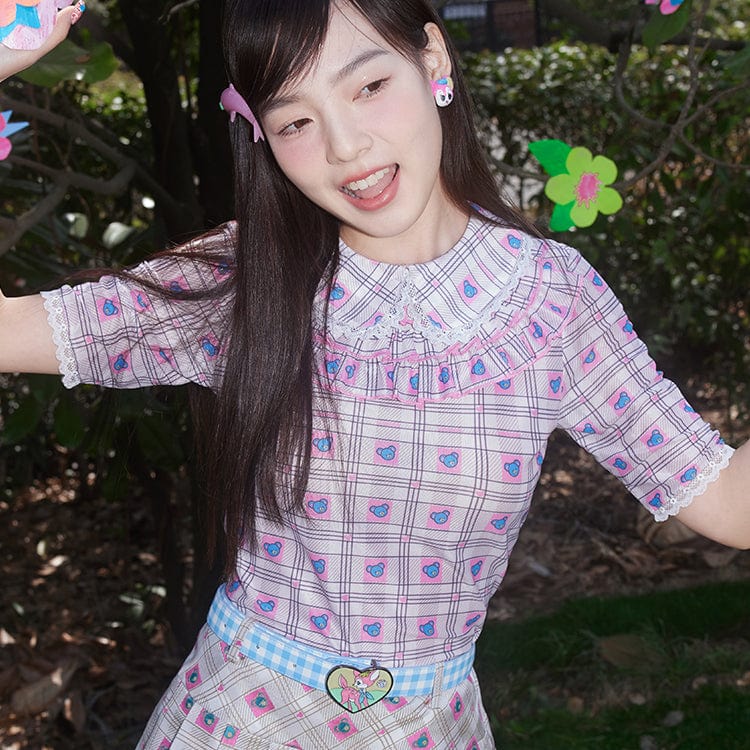 Pink Kawaii Women's Pink Kawaii Doll Collar Bear Printed Plaid Shirt
