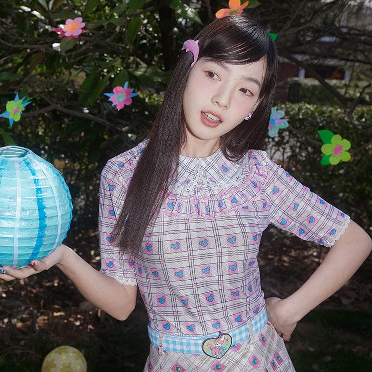 Pink Kawaii Women's Pink Kawaii Doll Collar Bear Printed Plaid Shirt