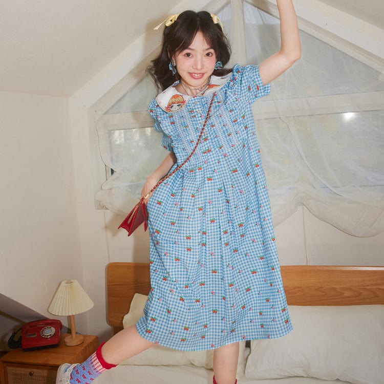 Pink Kawaii Women's Pink Kawaii Doll Collar Fruit Printed Plaid Dress
