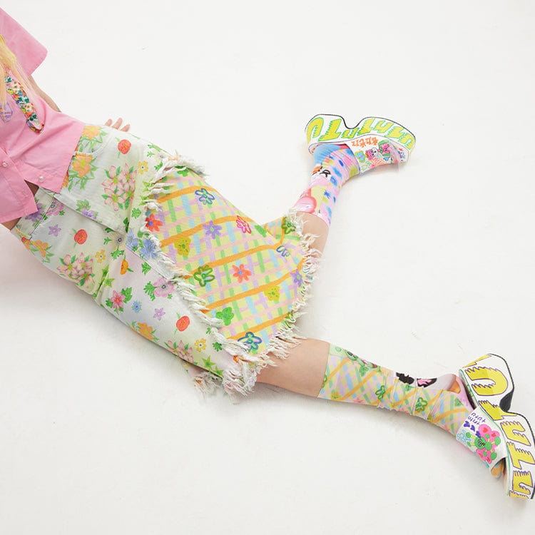 Pink Kawaii Women's Pink Kawaii Floral Printed Splice Plaid Unedged Skirt