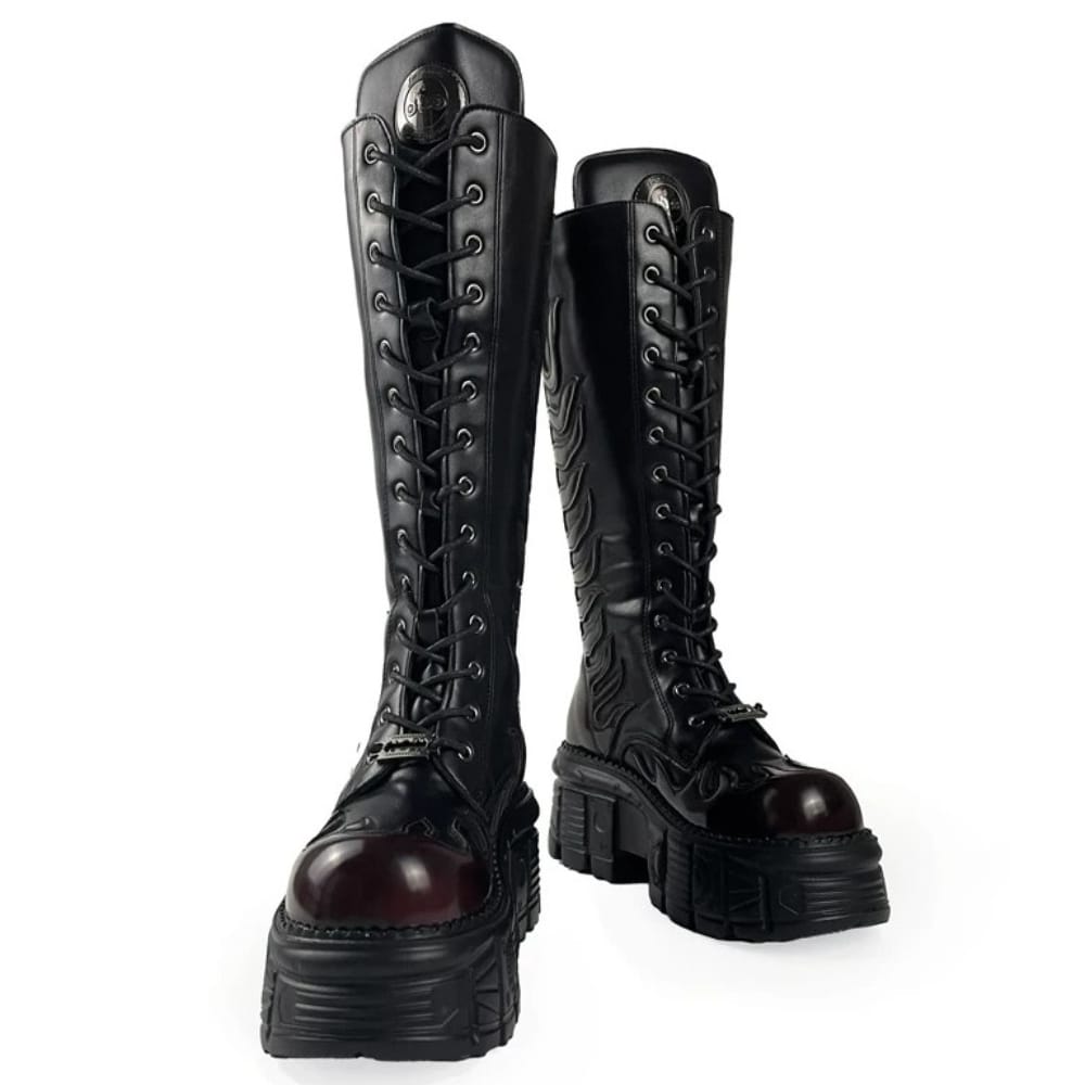 Punk Design Men's Punk Flame Applique Lace-up Round‑Toe Platform Chunky Sole Motorcycle Boot
