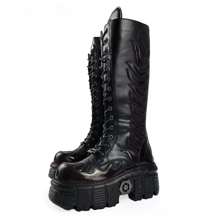 Punk Design Men's Punk Flame Applique Lace-up Round‑Toe Platform Chunky Sole Motorcycle Boot