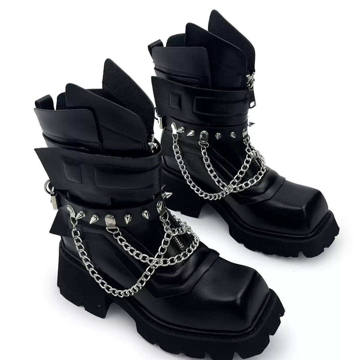 Punk Design Men's Punk Spiked Chained Buckle Strap Square‑Toe Platform Block Heel Boots