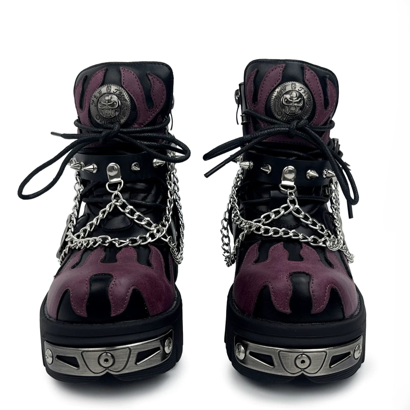 Punk Design Men's Punk Spiked Chained Buckle Strap Two‑Tone Platform Chunky Sole Shoes
