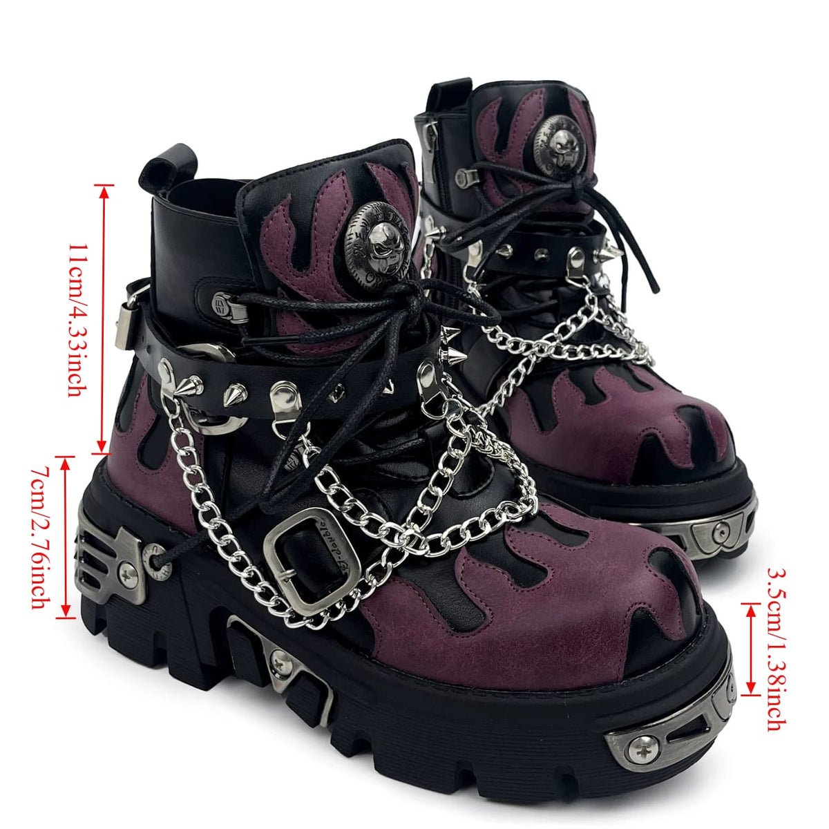 Punk Design Men's Punk Spiked Chained Buckle Strap Two‑Tone Platform Chunky Sole Shoes