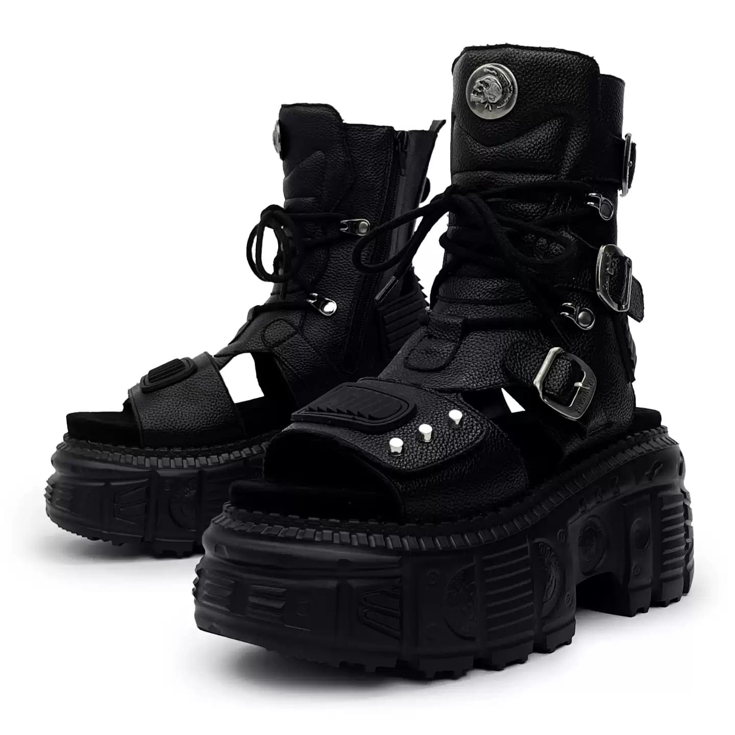 Punk Design Men's Punk Studded Buckle Strap Cutout Open-Toe Platform Chunky Sole Sandal Boots
