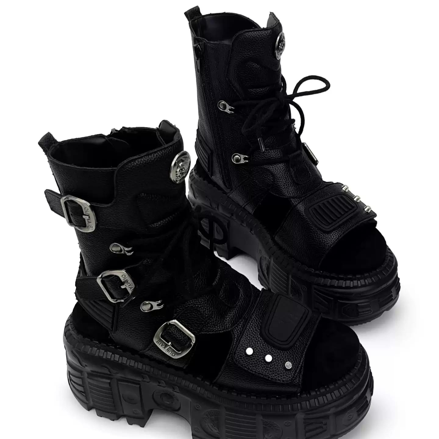 Punk Design Men's Punk Studded Buckle Strap Cutout Open-Toe Platform Chunky Sole Sandal Boots
