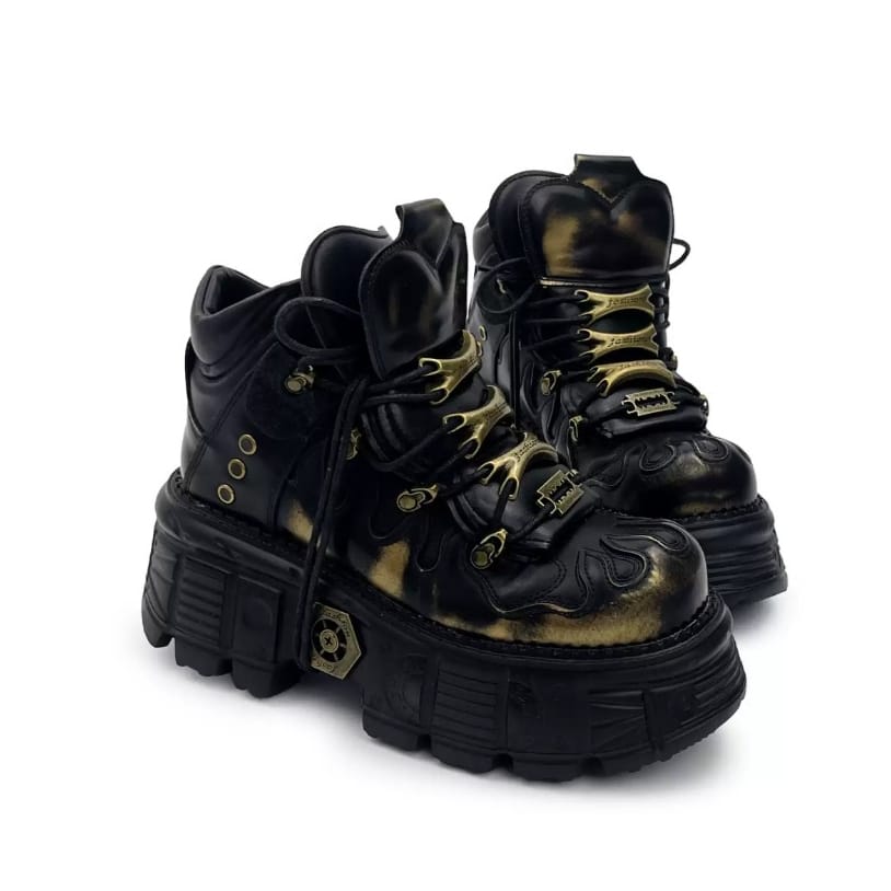 Punk Design Men's Punk Two‑Tone Lace-up Round‑Toe Platform Chunky Sole Shoes
