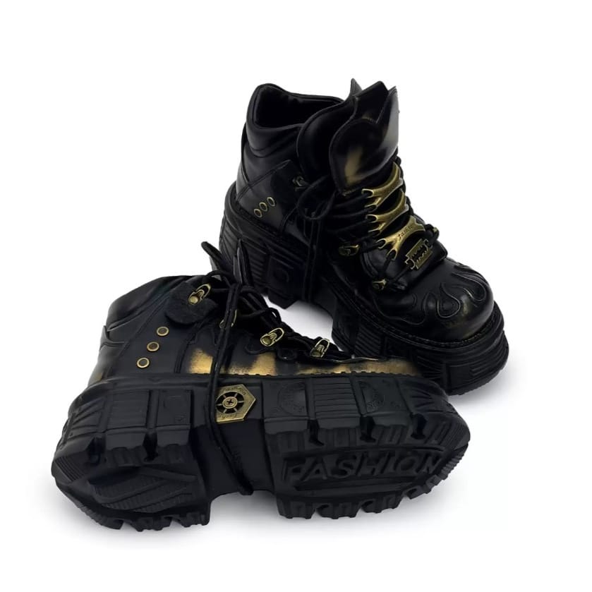 Punk Design Men's Punk Two‑Tone Lace-up Round‑Toe Platform Chunky Sole Shoes