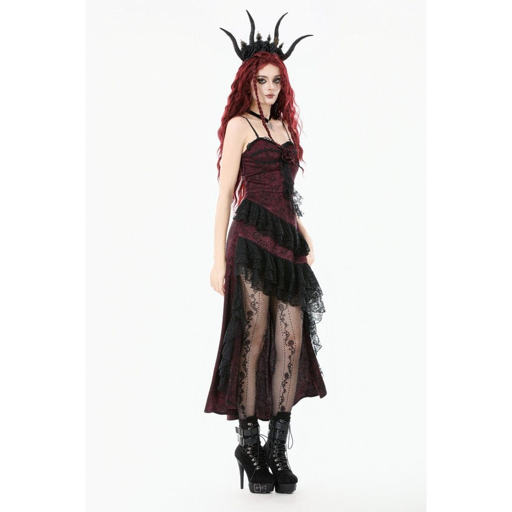 Punk Design Women's Gothic Rose Layered Lace Ruffle Asymmetric Slip Dress