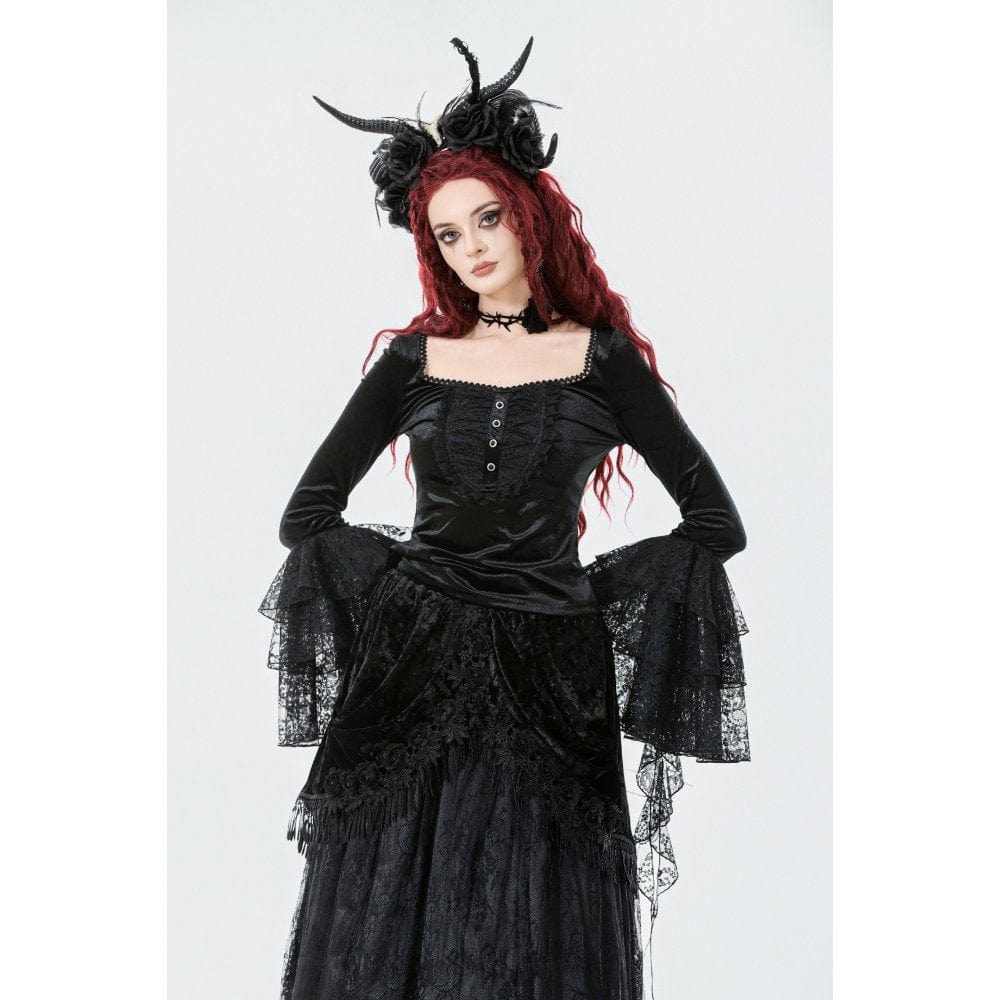 Punk Design Women's Gothic Square-cut Collar Flared Sleeved Velvet Top