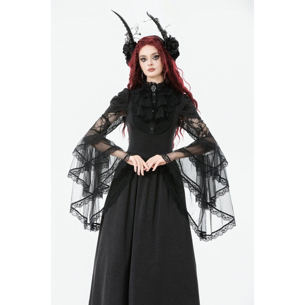 Punk Design Women's Gothic Stand Collar Ruffled Mesh Flared Sleeved Dress