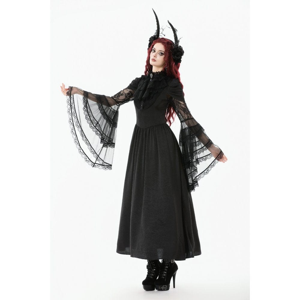 Punk Design Women's Gothic Stand Collar Ruffled Mesh Flared Sleeved Dress