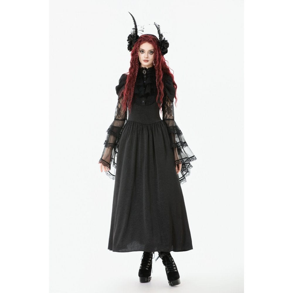 Punk Design Women's Gothic Stand Collar Ruffled Mesh Flared Sleeved Dress