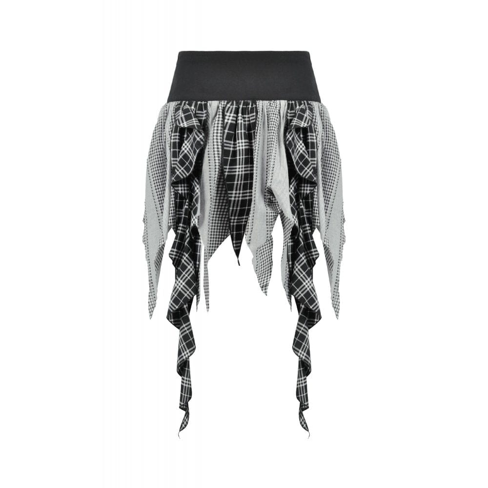 Punk Design Women's Grunge Buckle Strap Irregular Plaid Patchwork Skirt