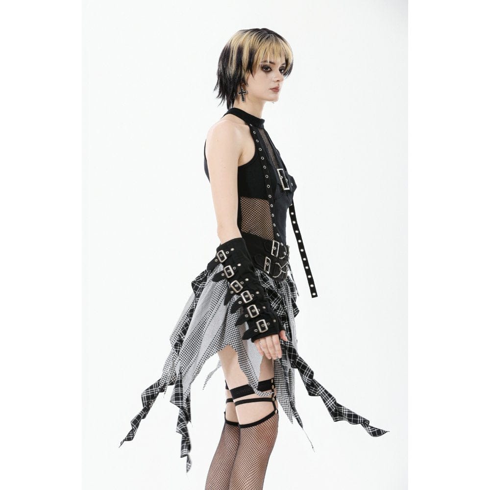 Punk Design Women's Grunge Buckle Strap Irregular Plaid Patchwork Skirt