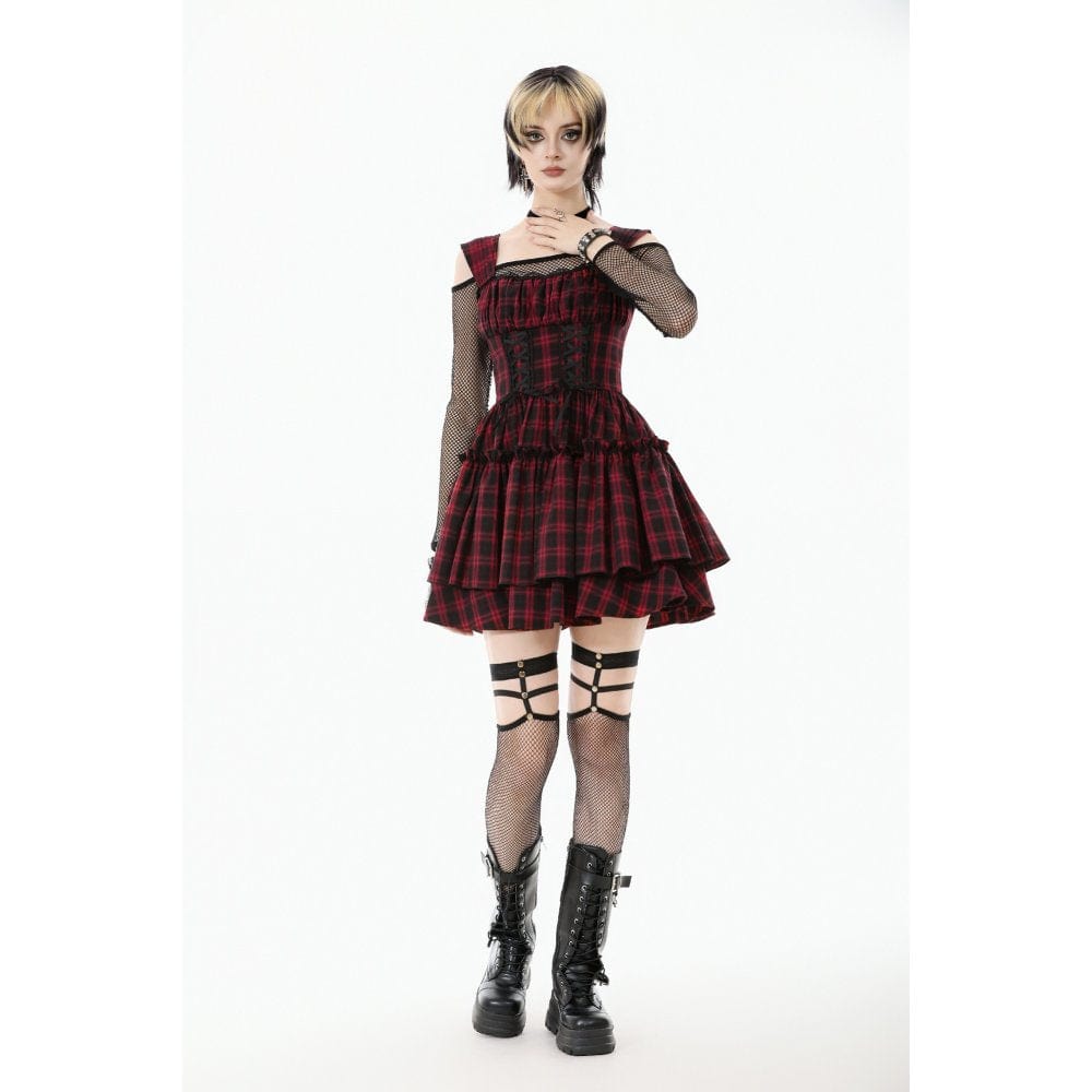 Punk Design Women's Grunge Lace-up Ruched Plaid Cake Dress