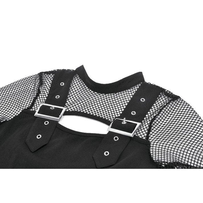 Punk Design Women's Punk Cut-out Buckle Strap Mesh Splice Top