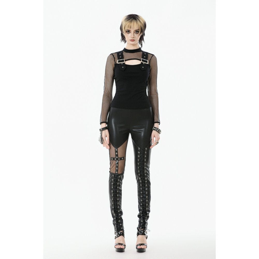 Punk Design Women's Punk Cut-out Buckle Strap Mesh Splice Top
