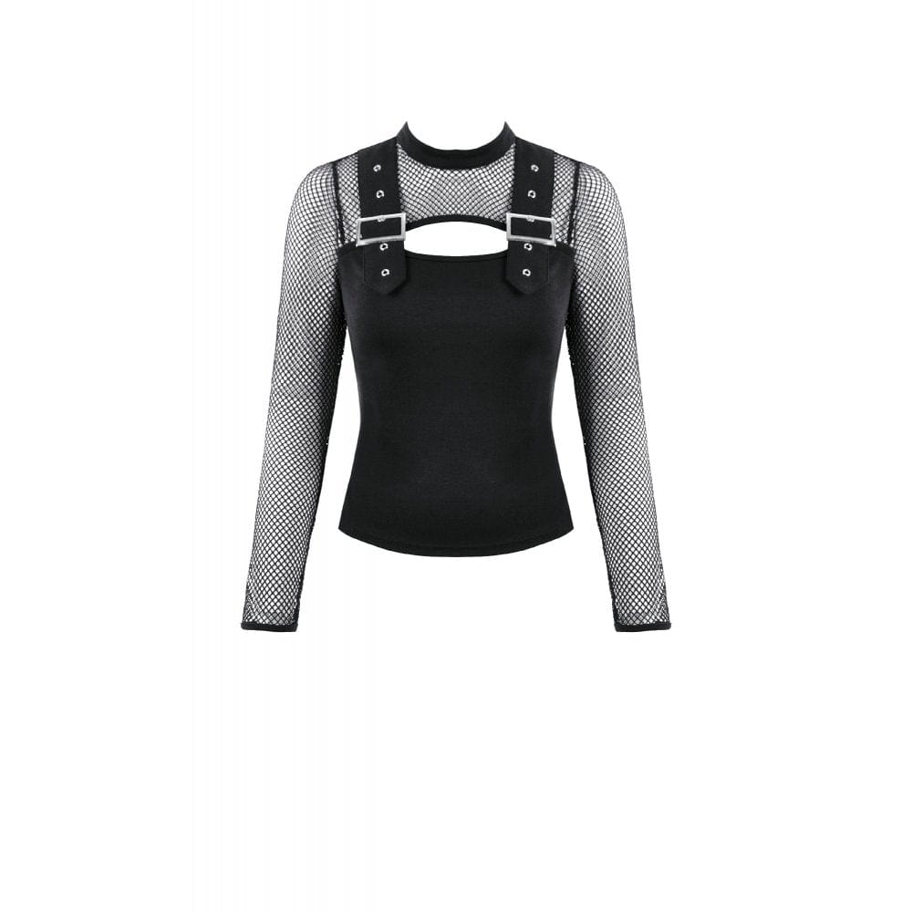 Punk Design Women's Punk Cut-out Buckle Strap Mesh Splice Top