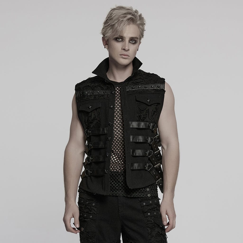 PUNK RAVE Men's Cyberpunk Buckle Straps Mesh Splice Studded Vest