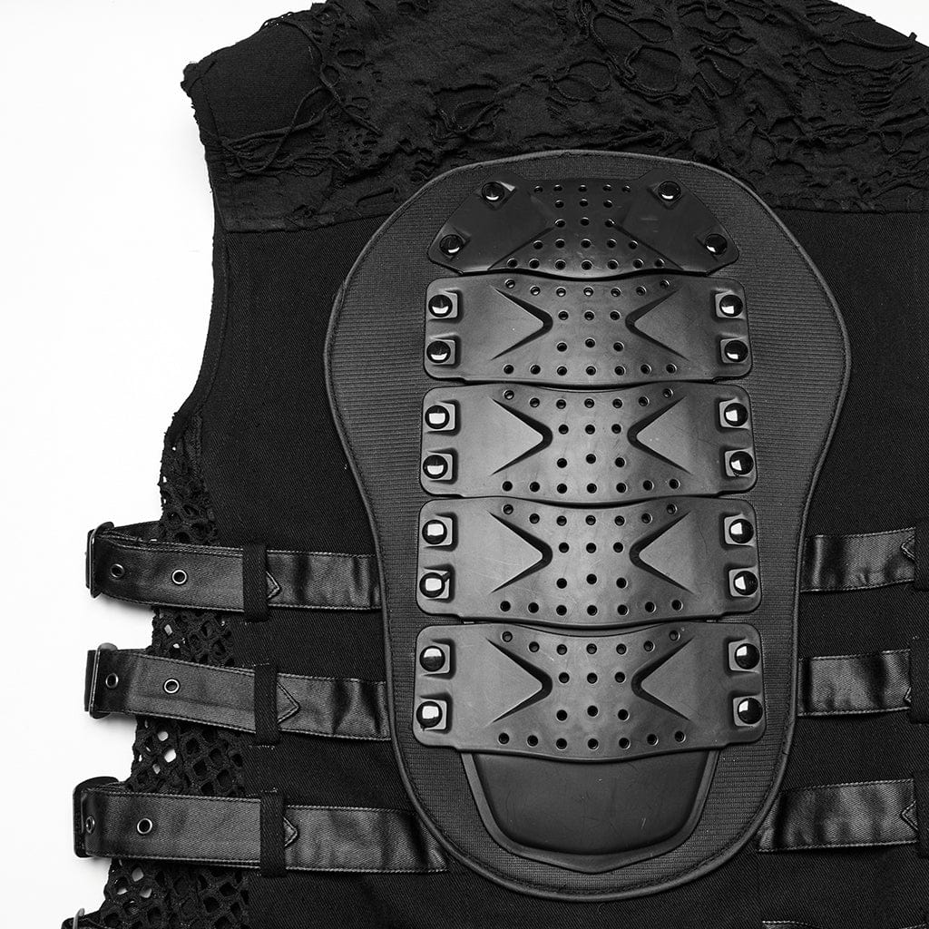 PUNK RAVE Men's Cyberpunk Buckle Straps Mesh Splice Studded Vest