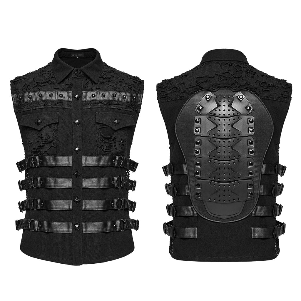 PUNK RAVE Men's Cyberpunk Buckle Straps Mesh Splice Studded Vest