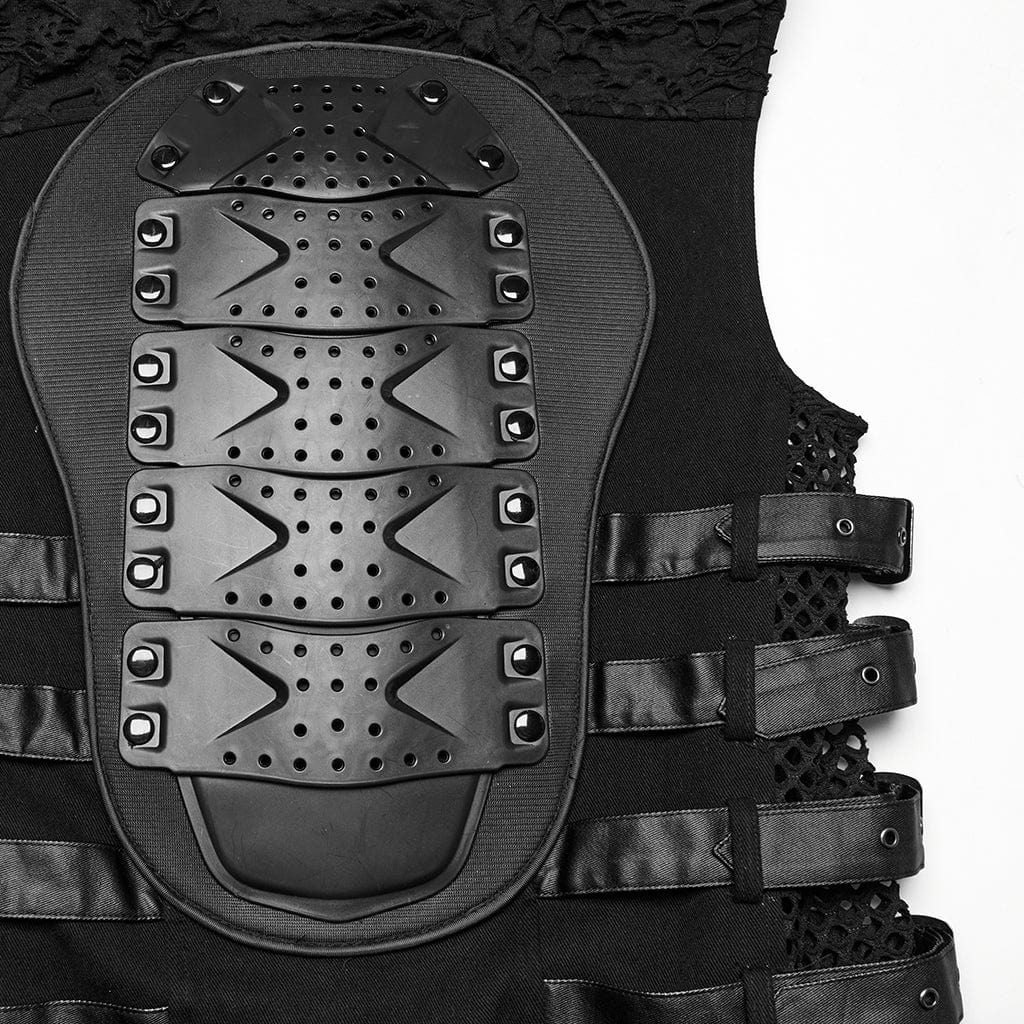PUNK RAVE Men's Cyberpunk Buckle Straps Mesh Splice Studded Vest