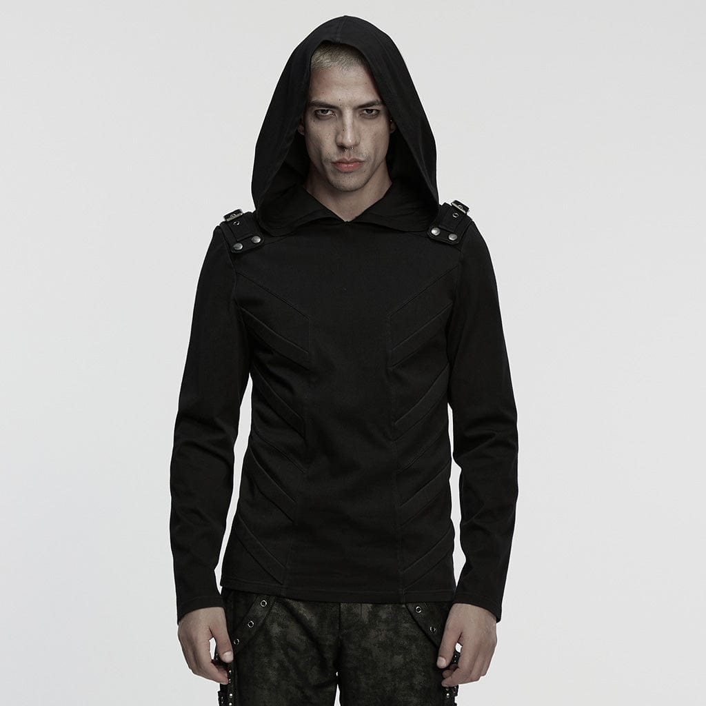 PUNK RAVE Men's Cyberpunk Buckle-up Strap Minimalist Hoodie