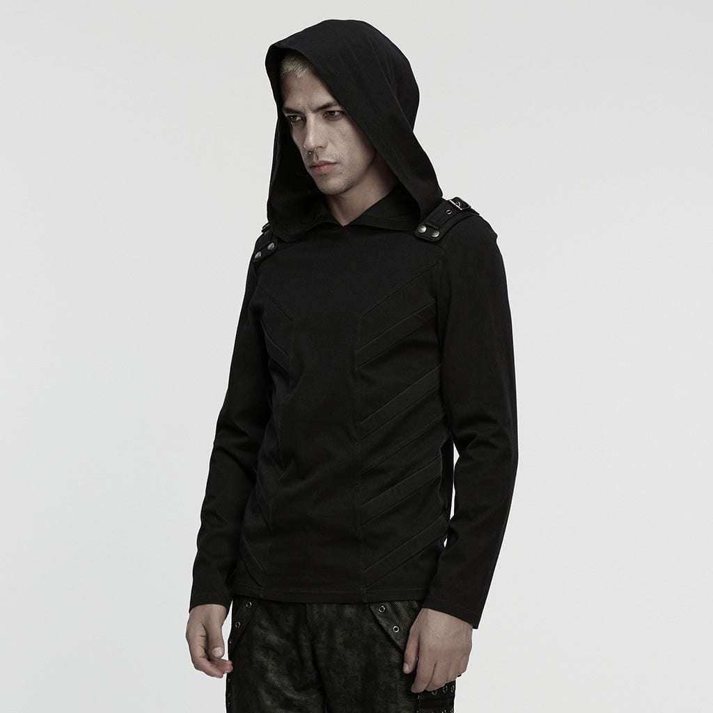 PUNK RAVE Men's Cyberpunk Buckle-up Strap Minimalist Hoodie