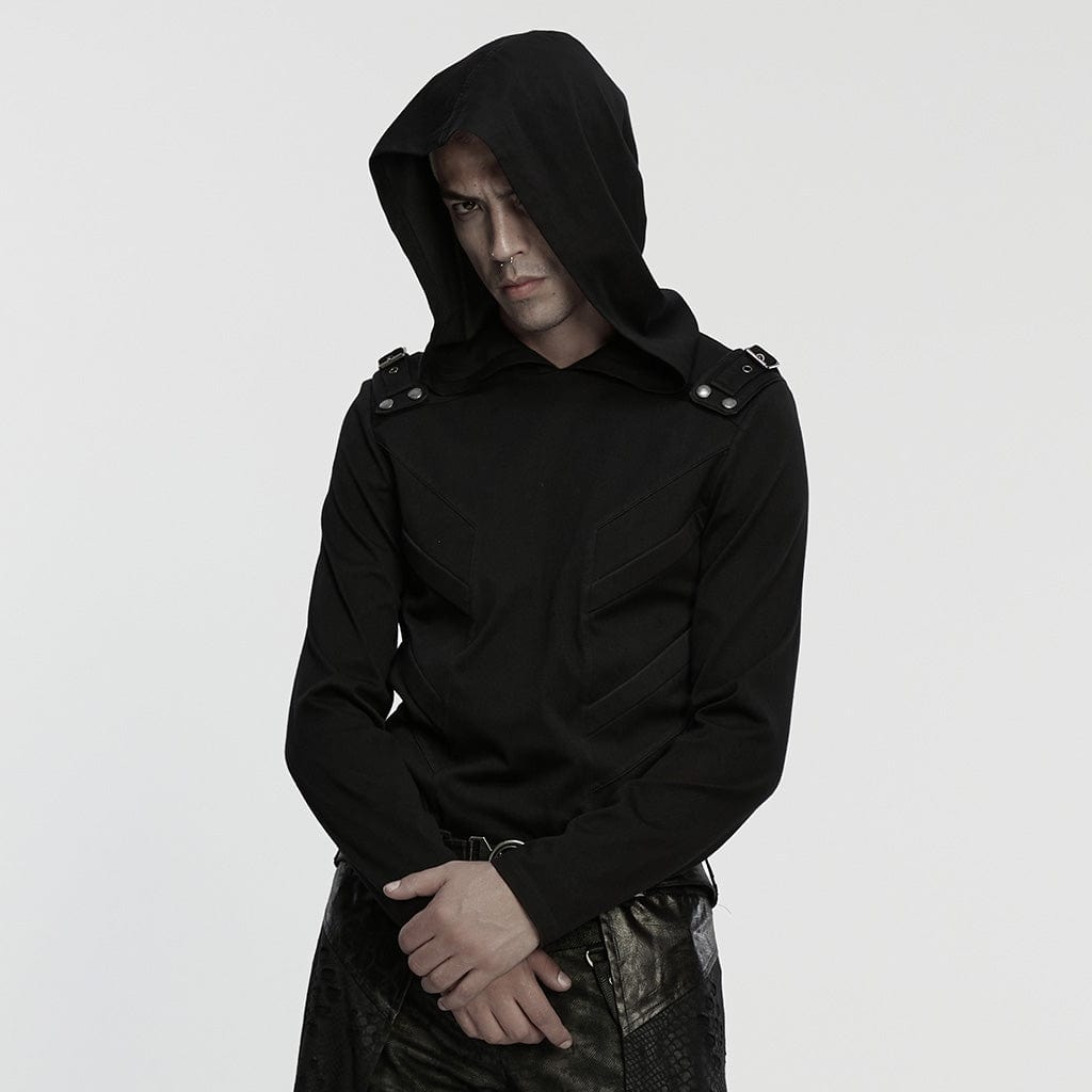 PUNK RAVE Men's Cyberpunk Buckle-up Strap Minimalist Hoodie