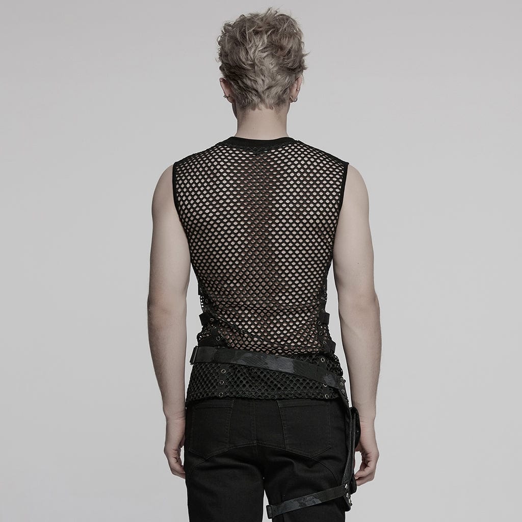 PUNK RAVE Men's Cyberpunk Faux Leather Splice Mesh Sheer Vest