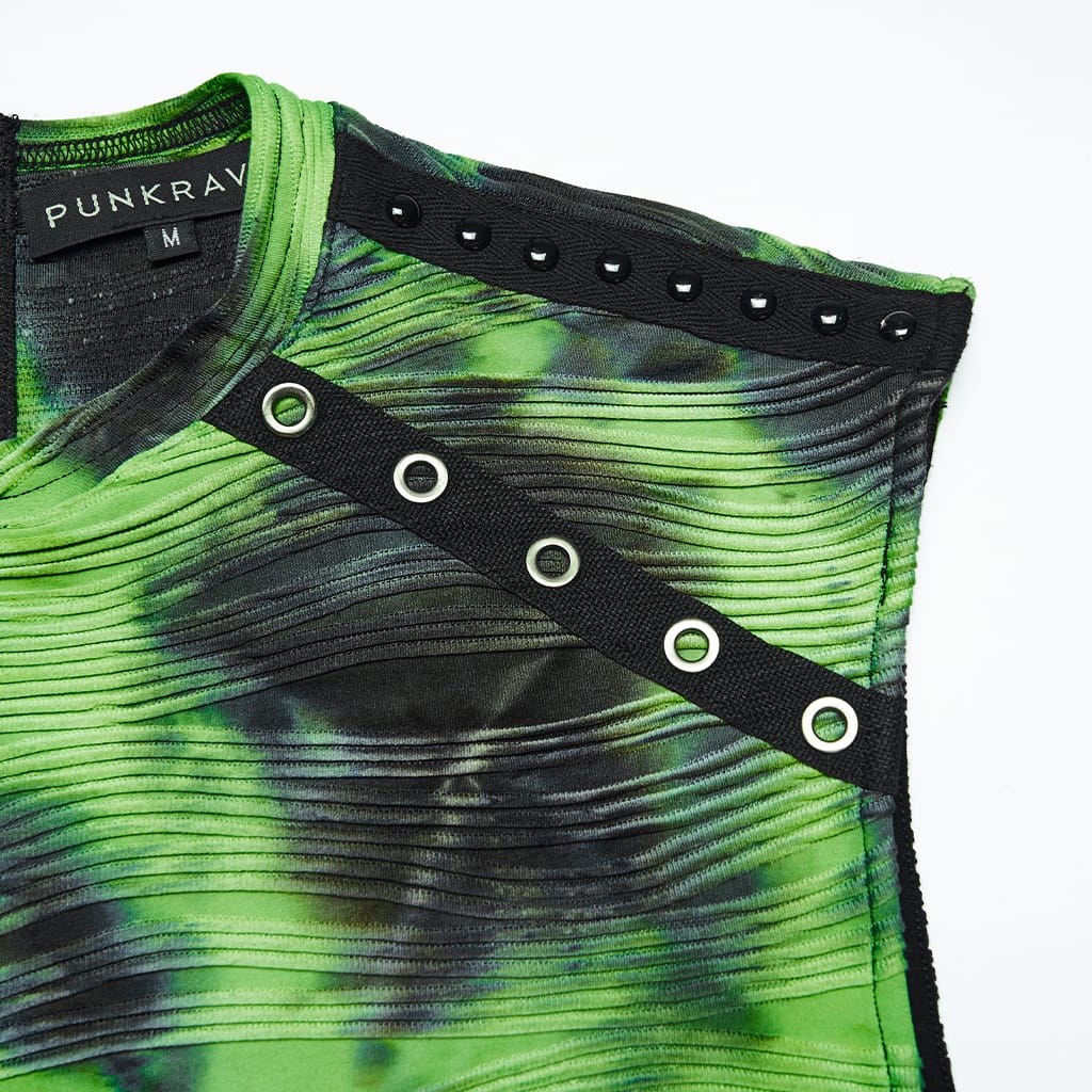 PUNK RAVE Men's Cyberpunk Printed Rivets & Eyelet Tank Top