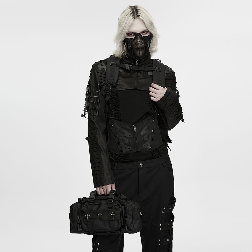 PUNK RAVE Men's Cyberpunk Skull Cross Ring Buckle Strap Tactical Backpack