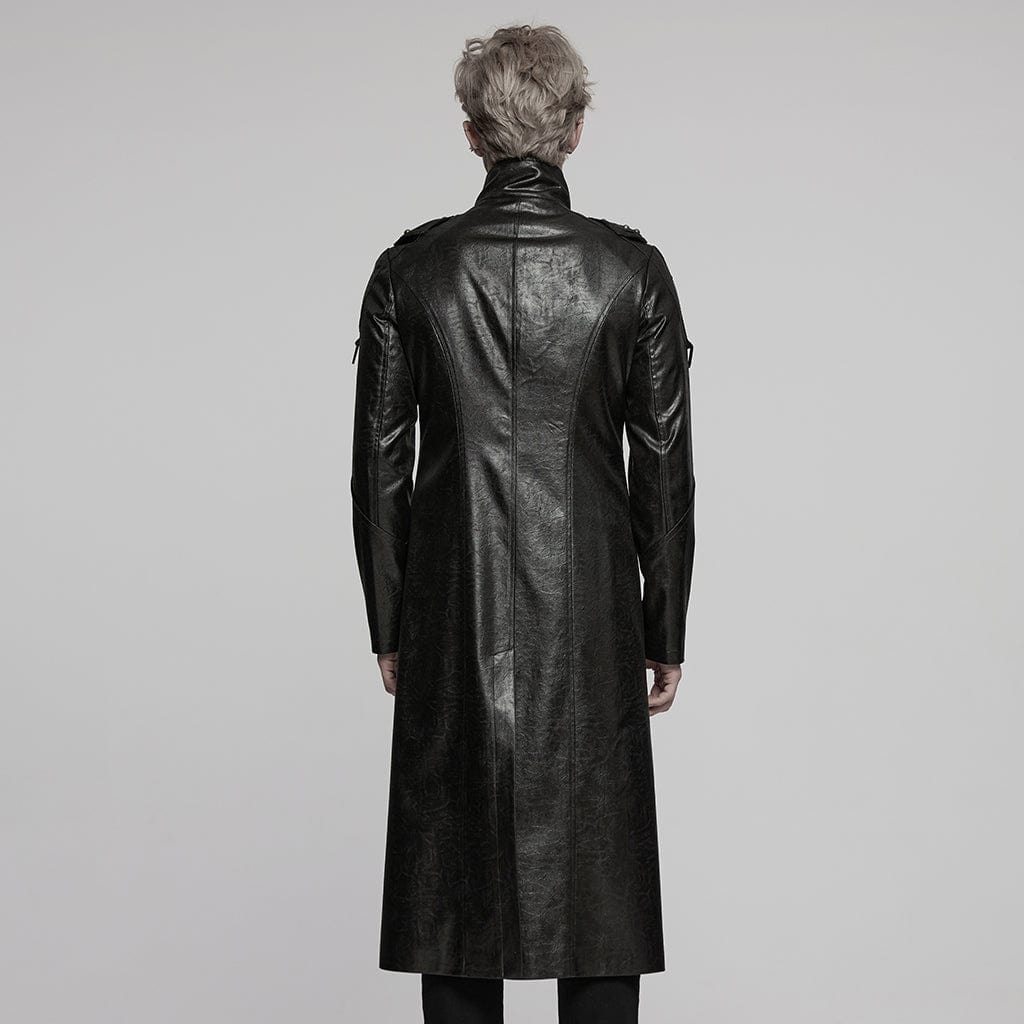 PUNK RAVE Men's Cyberpunk Stand Collar Buckle Faux Leather Coat