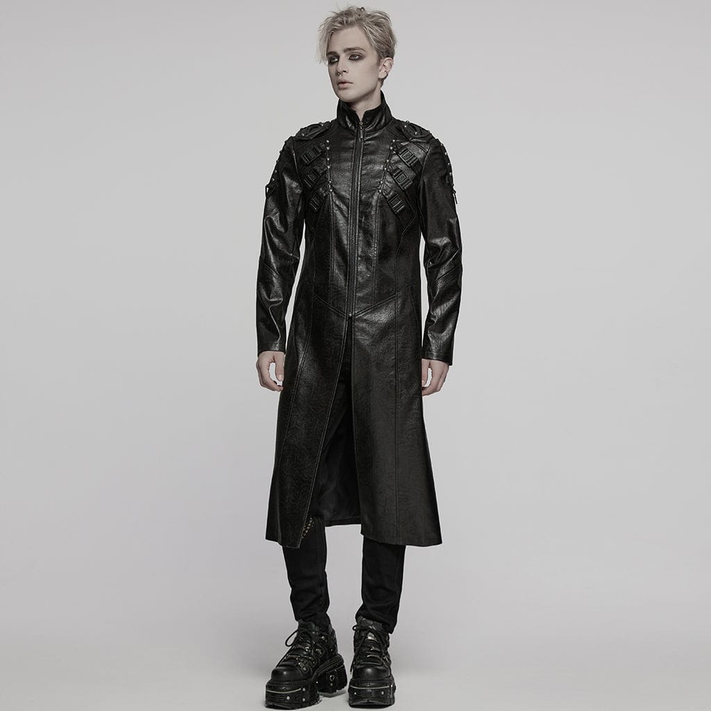 PUNK RAVE Men's Cyberpunk Stand Collar Buckle Faux Leather Coat