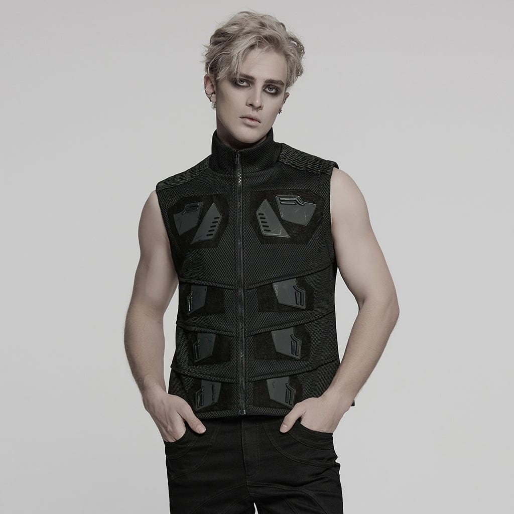 PUNK RAVE Men's Cyberpunk Stand Collar Faux Leather Splice Mesh Vest