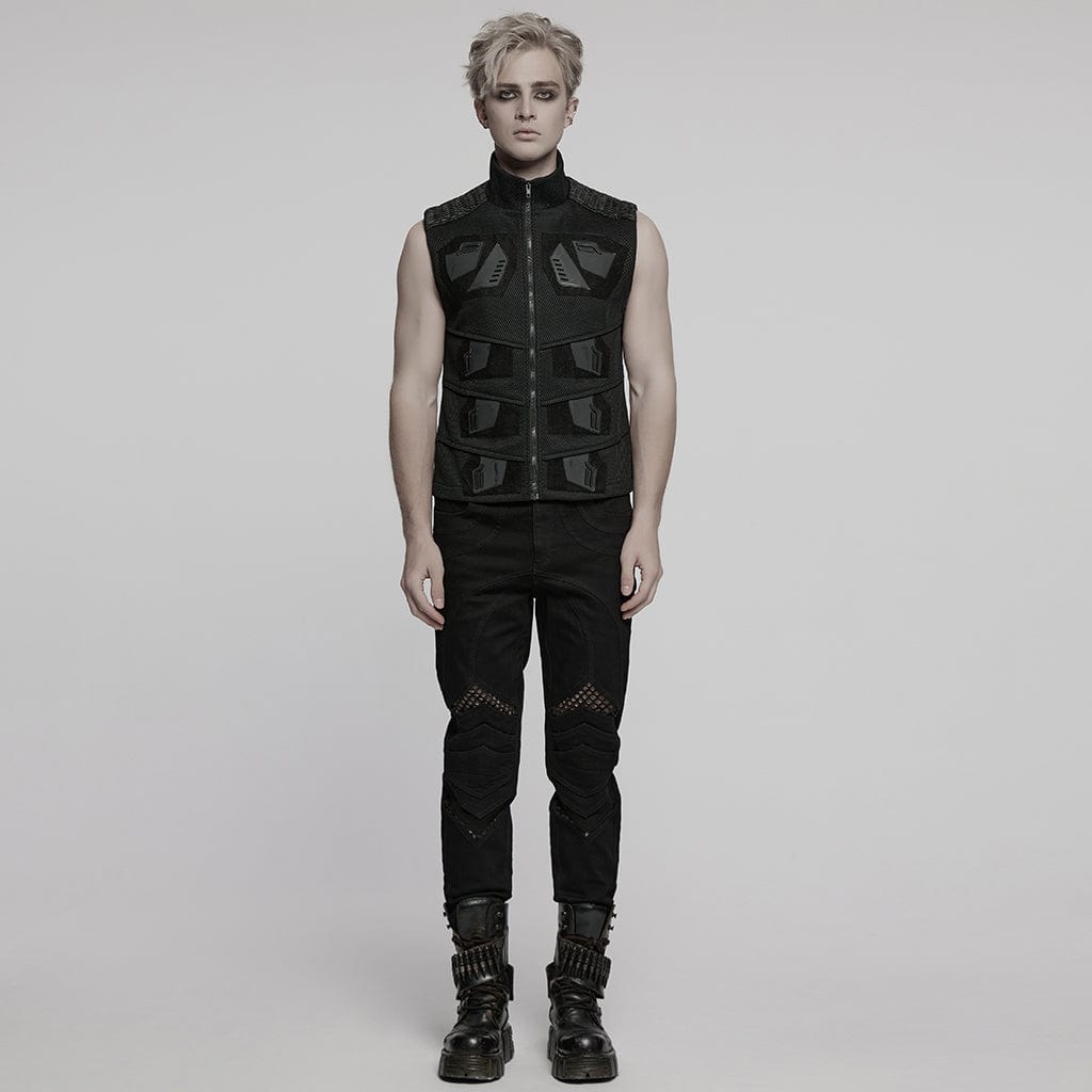 PUNK RAVE Men's Cyberpunk Stand Collar Faux Leather Splice Mesh Vest