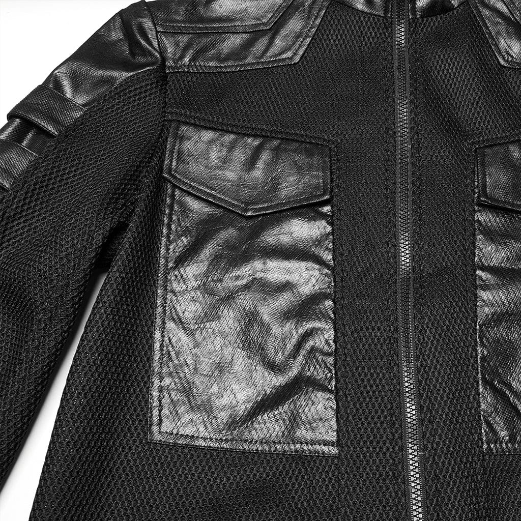 PUNK RAVE Men's Cyberpunk Stand Collar Mesh Splice Faux Leather Coat
